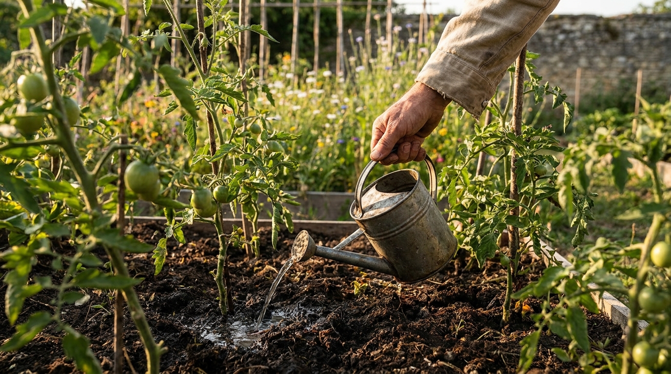 Arrosage au pied de plants de tomates dans un potager en fin de journée