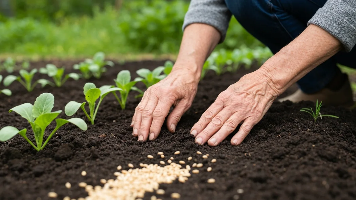 Mains dans la terre d’un potager avec de jeunes plants au soleil du matin