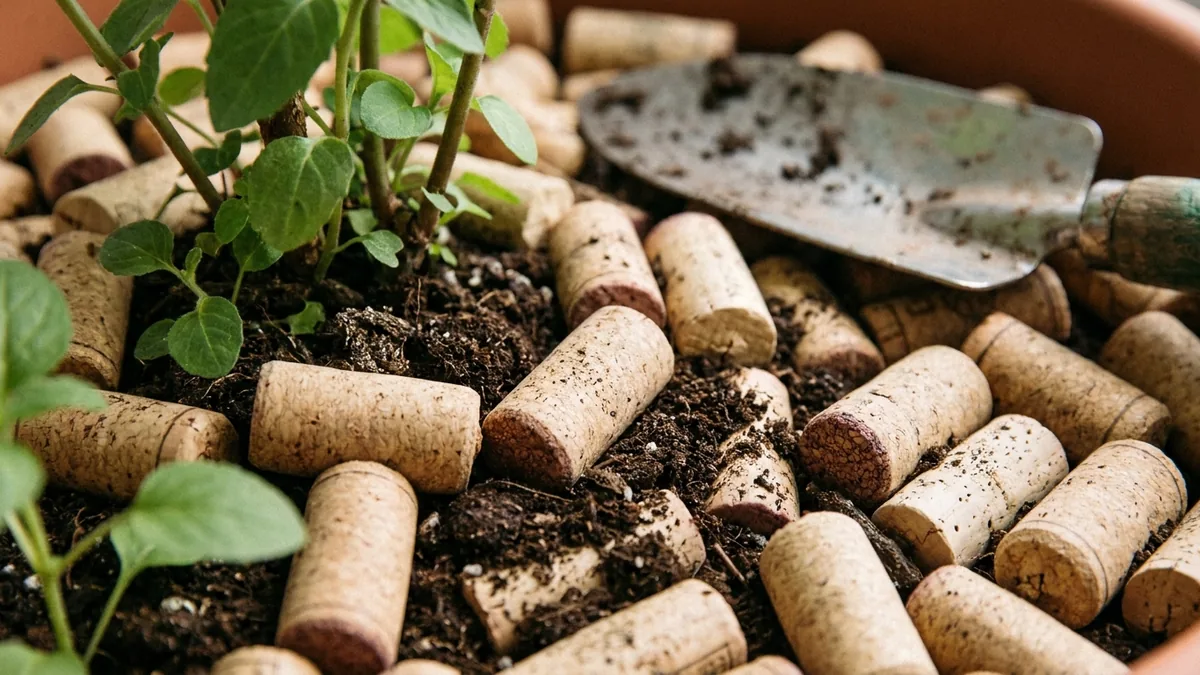 Bouchons de liège réutilisés dans un pot de plante sur une table de jardin