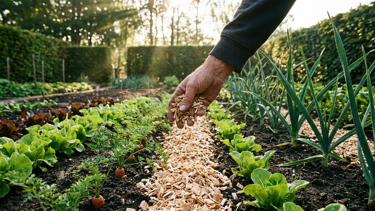 Main qui étale du bois raméal fragmenté entre deux rangs de légumes au potager.