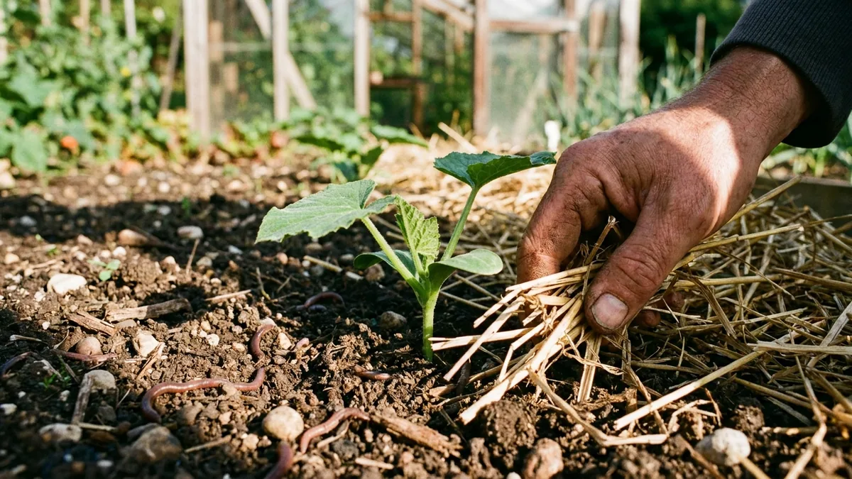 Jeune plant de courgette paillé avec de la paille sèche au potager