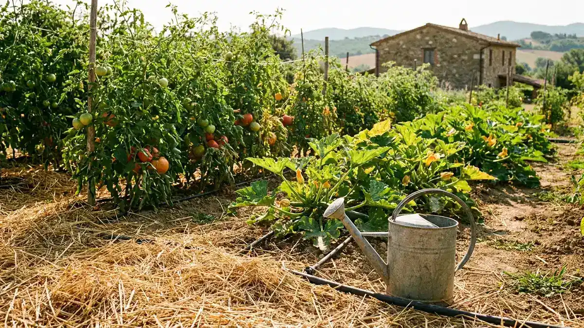 Potager d’été paillé avec tomates et légumes sous forte chaleur