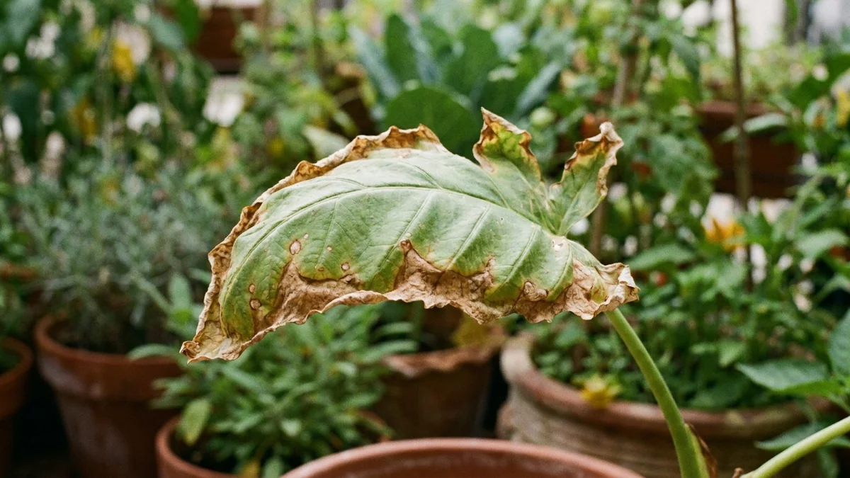 Feuille avec bords secs et brunis indiquant un stress de culture au jardin.