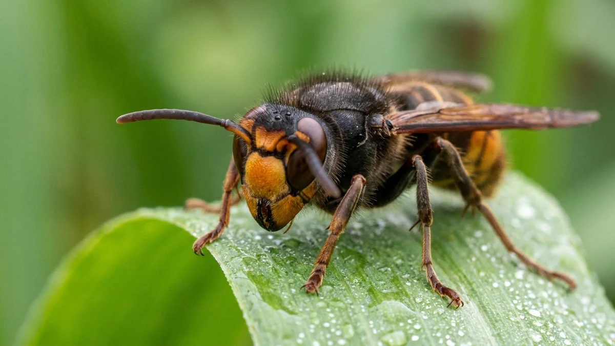 Frelon asiatique posé sur une feuille au jardin, observé de près sans contact.