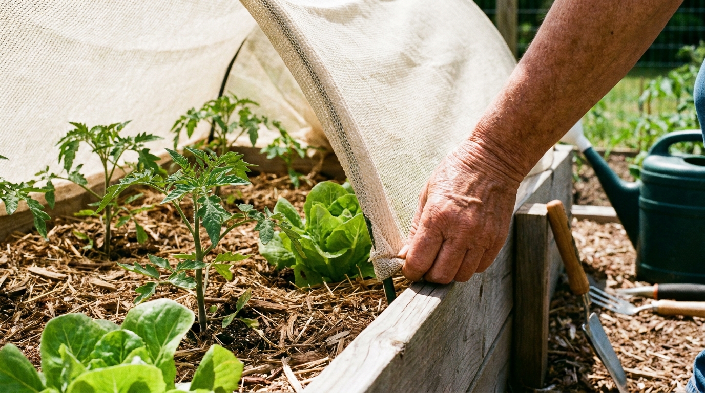 Main installant un voile d’ombrage au-dessus de jeunes plants de potager en mai