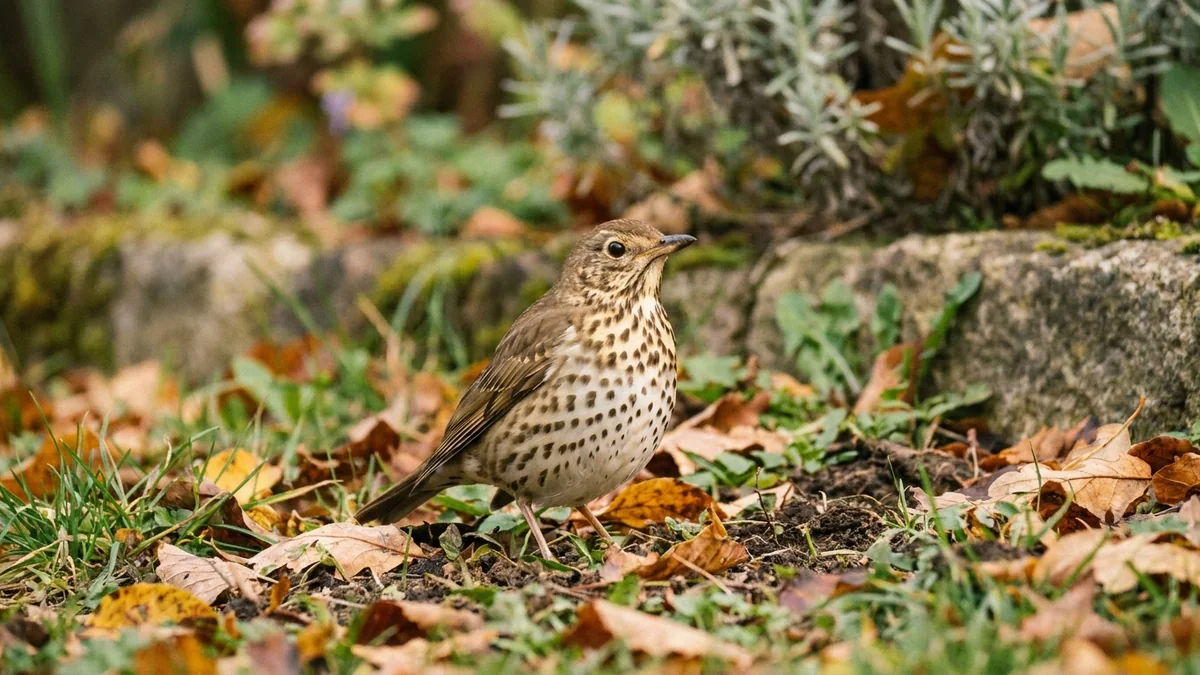 Grive au jardin avec poitrine tachetée visible pour faciliter l’identification.