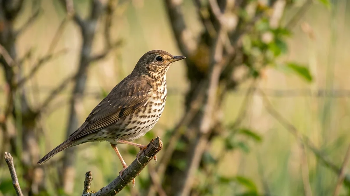 Grive posée sur une branche basse dans un jardin, observée de près.