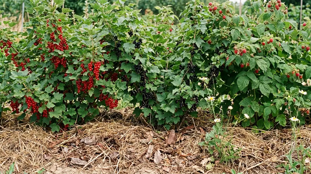 Haie fruitière basse avec petits fruits rouges et paillage au pied dans un jardin sec