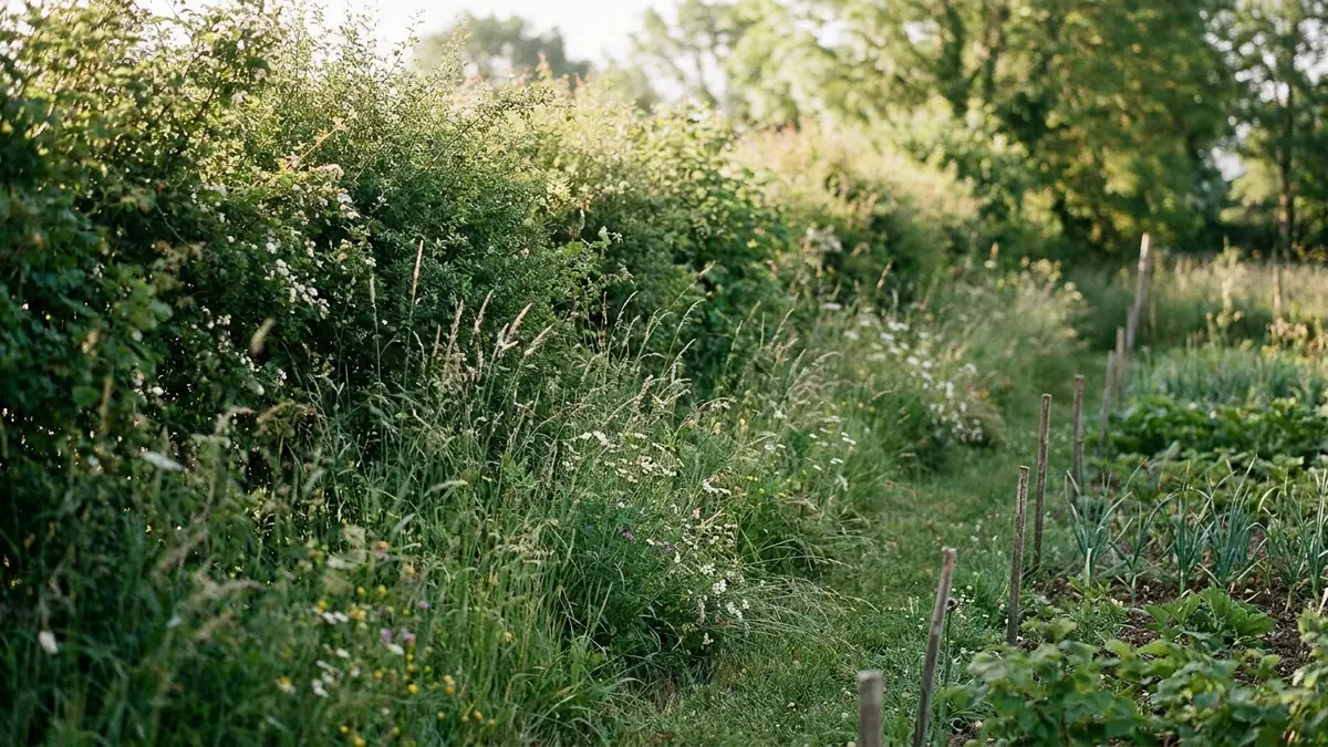 Haie champêtre ancienne avec aubépine, prunellier et herbes hautes au bord d’un jardin de campagne
