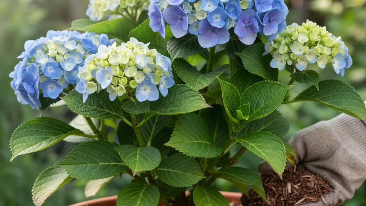 Hortensia bleu en pot avec feuilles vertes et paillage au pied