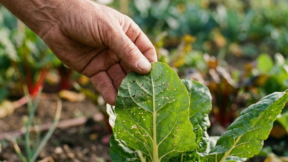 Main qui retourne une feuille au jardin pour vérifier la présence d’insectes dessous.