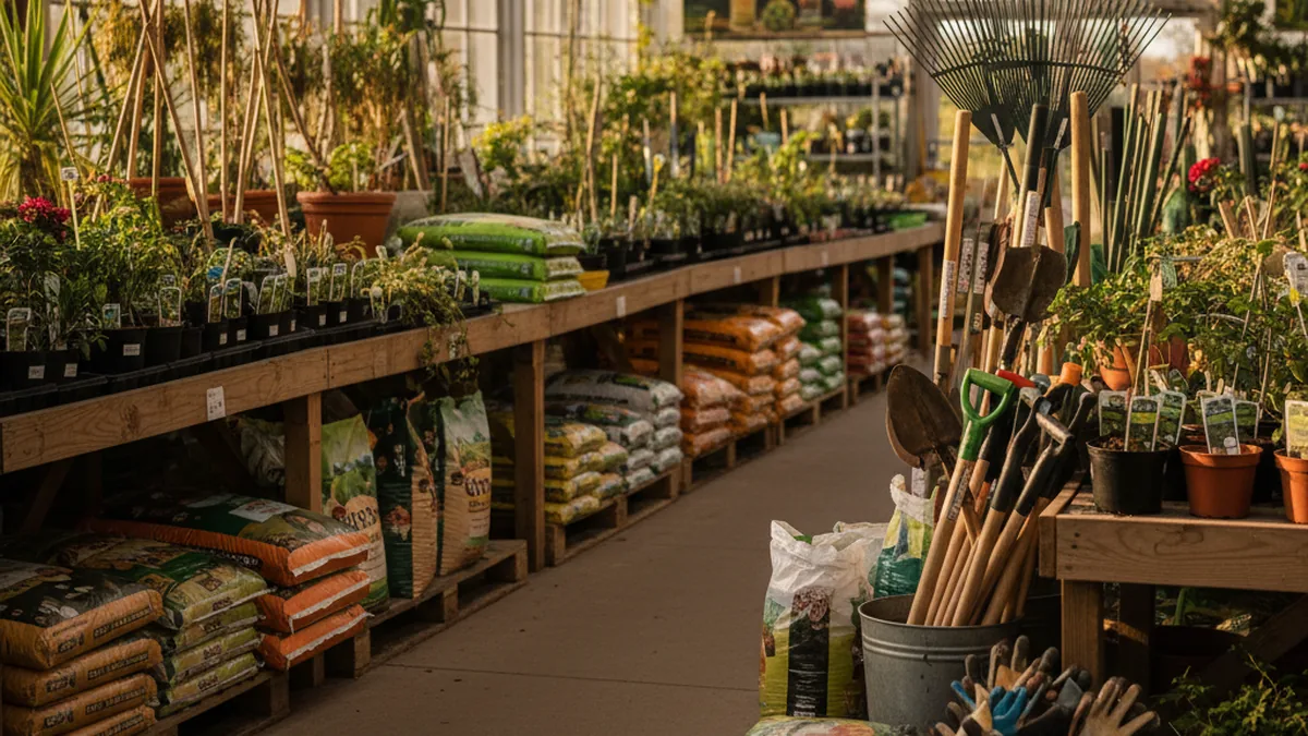 Rayons de jardinerie avec des plantes en pot et des outils de jardinage
