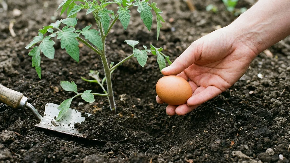 Main tenant un œuf au-dessus d’un trou de plantation près d’un jeune plant de tomate