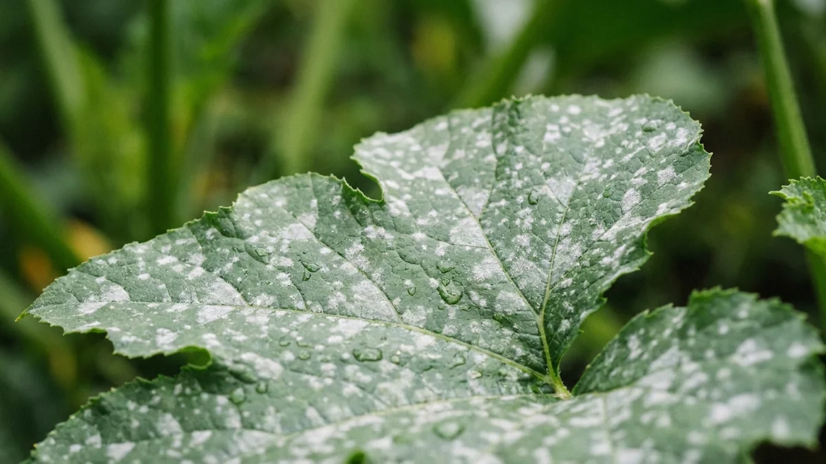 Feuille de courgette avec traces blanches poudreuses évoquant l’oïdium au jardin.