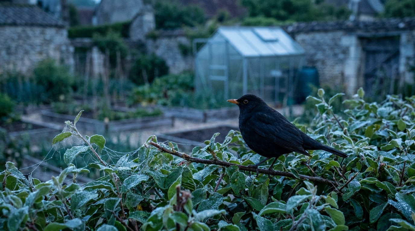 Oiseau du jardin posé dans une haie au lever du jour pendant le chœur de l’aube