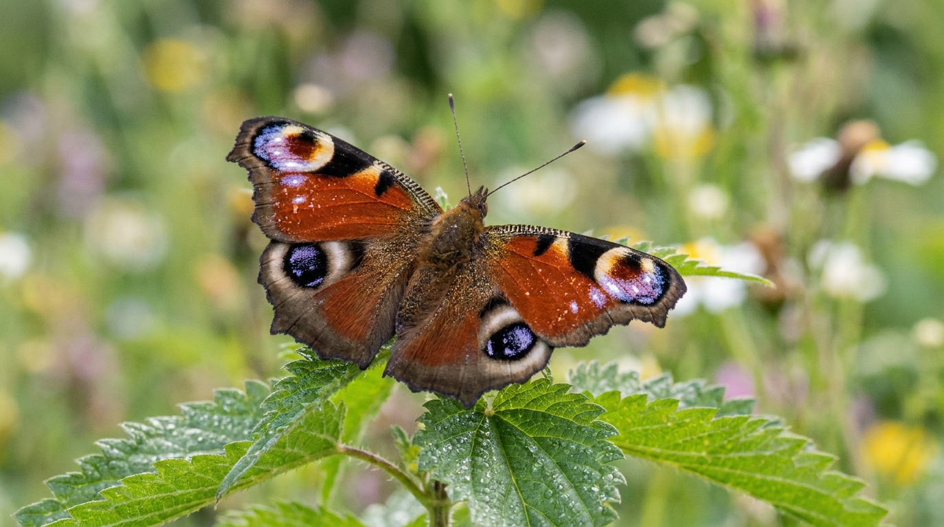 Papillon posé sur des feuilles d’ortie dans un coin sauvage du jardin