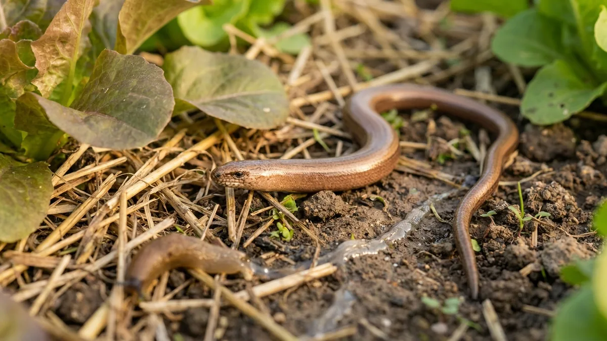 Orvet fragile dans un potager naturel, près de feuilles et de paillage humide