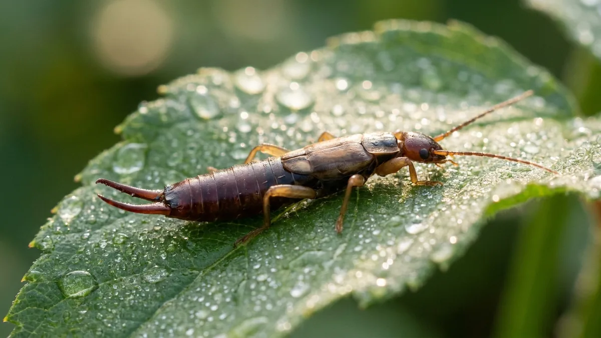 Perce-oreille posé sur une feuille verte dans un jardin humide