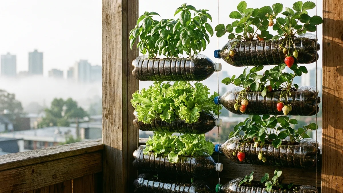 Potager vertical fabriqué avec des bouteilles recyclées sur un balcon ensoleillé.