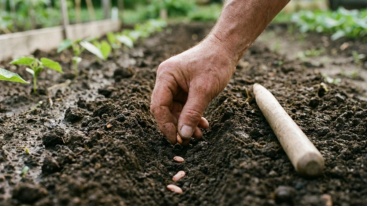Main qui sème des graines dans un sillon au potager pour respecter la bonne profondeur de semis.