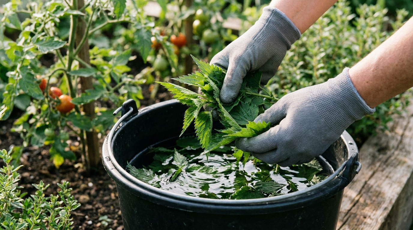 Mains déposant des orties fraîches dans un seau pour préparer un purin d’ortie au jardin
