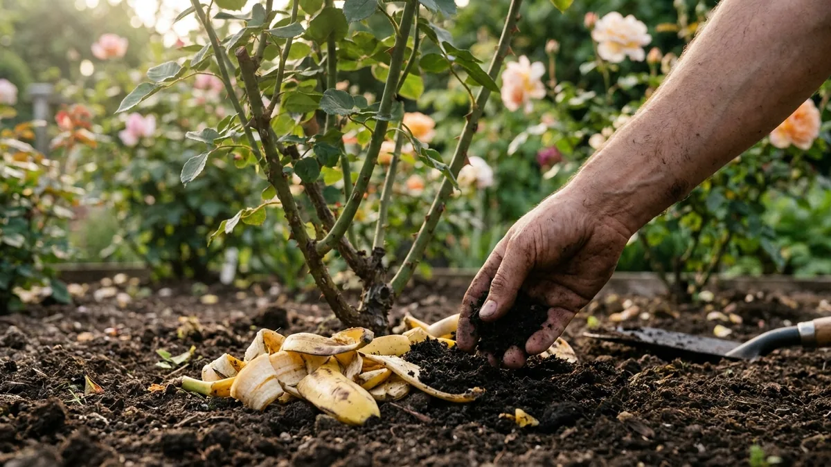 Peaux de banane coupées et compost mûr au pied d’un rosier en fleurs
