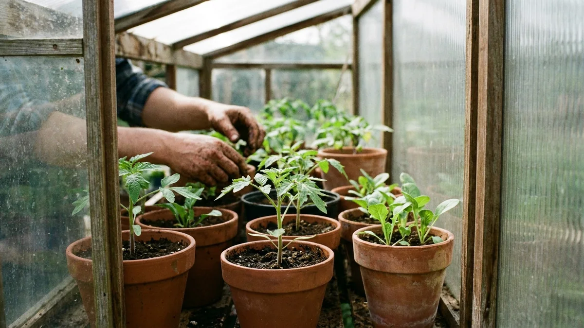 Jeunes semis en godets sous abri avec lumière naturelle près d’une serre de jardin.