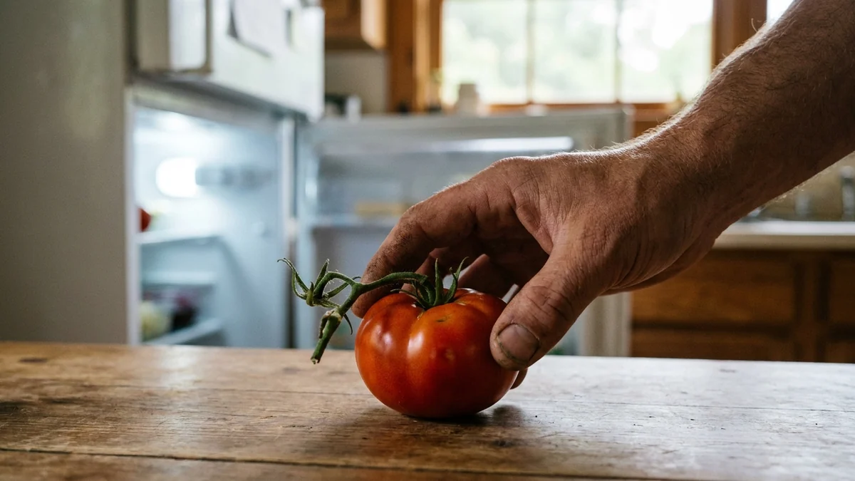 Tomate mûre du potager posée hors du réfrigérateur