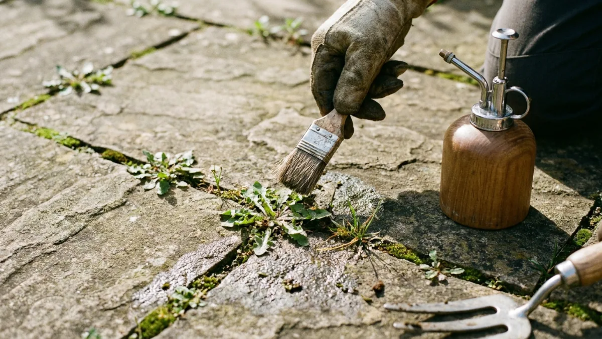 Mauvaises herbes entre des dalles de terrasse avec un pulvérisateur de jardin sans étiquette